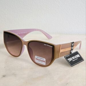 New TRUE RELIGION Cat Eye Sunglasses Tan Lilac Logo Embossed